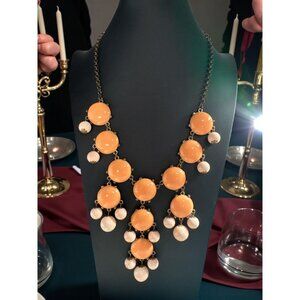 Bold Orange Beaded Statement Bib Necklace Tiered Pinkish/White Accents
